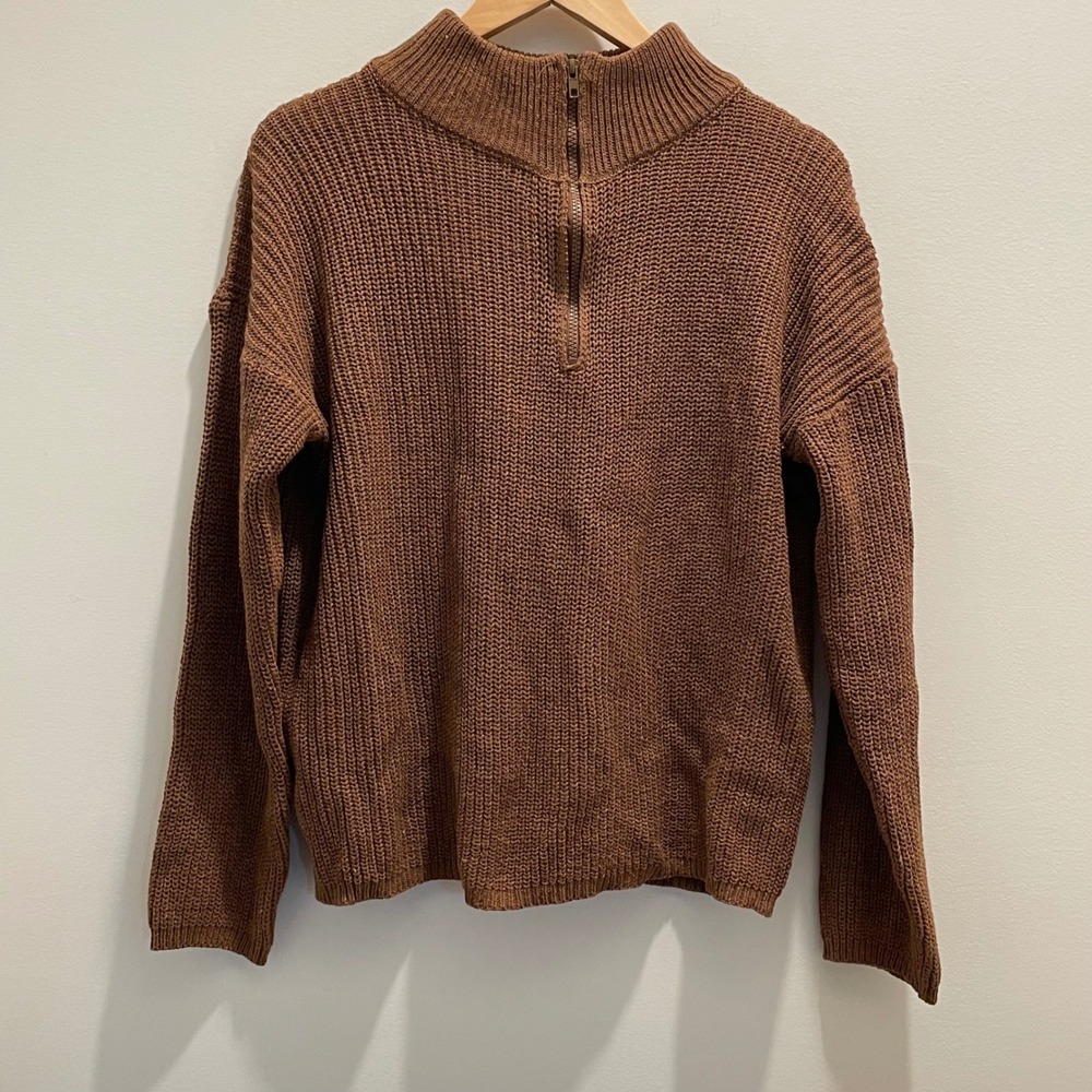 Womens Brown Quarter Zip Ribbed Knit Mock Neck Pullover Sweater XL